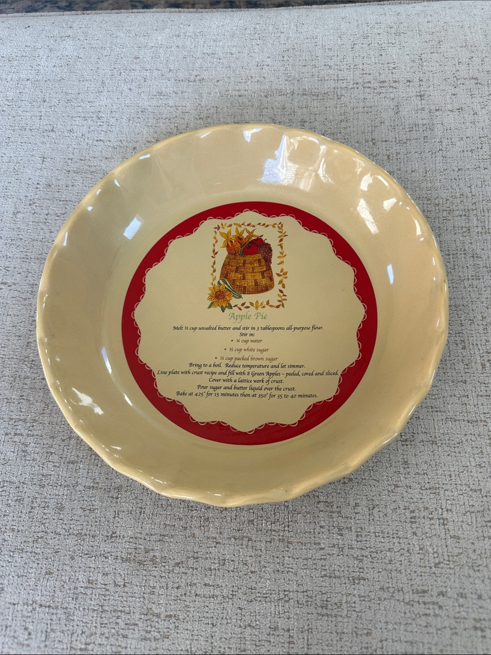 Vintage Ceramic Apple Pie Plate with Recipe by Vigor - 10” Deep Dish